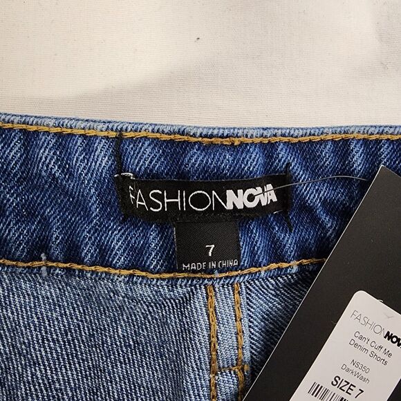 Fashion Nova Womens Denim Shorts Size 7 Blue High Rise Button Fly Distressed Rip - Picture 7 of 11